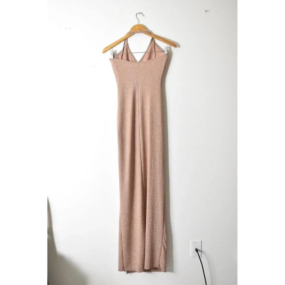 Halter Maxi Dress Womens Small Rose Gold Pink Shimmer 90s Ruched Slit Small